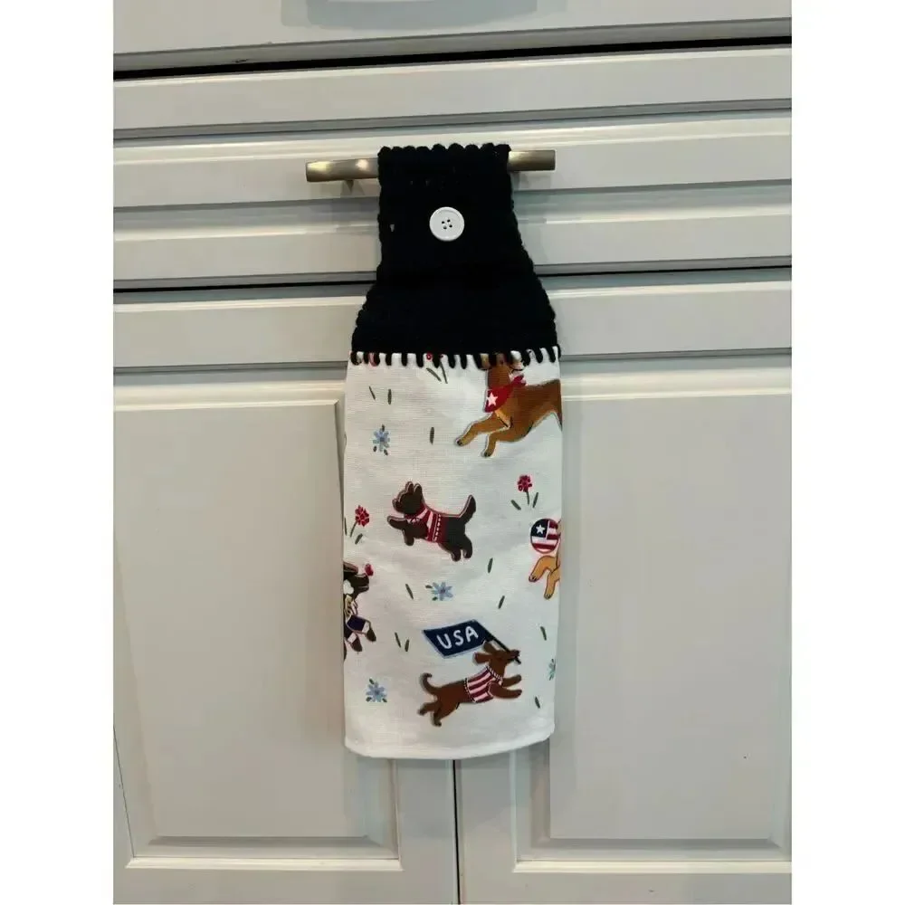 Crochet Top Kitchen Towel- Patriotic dogs